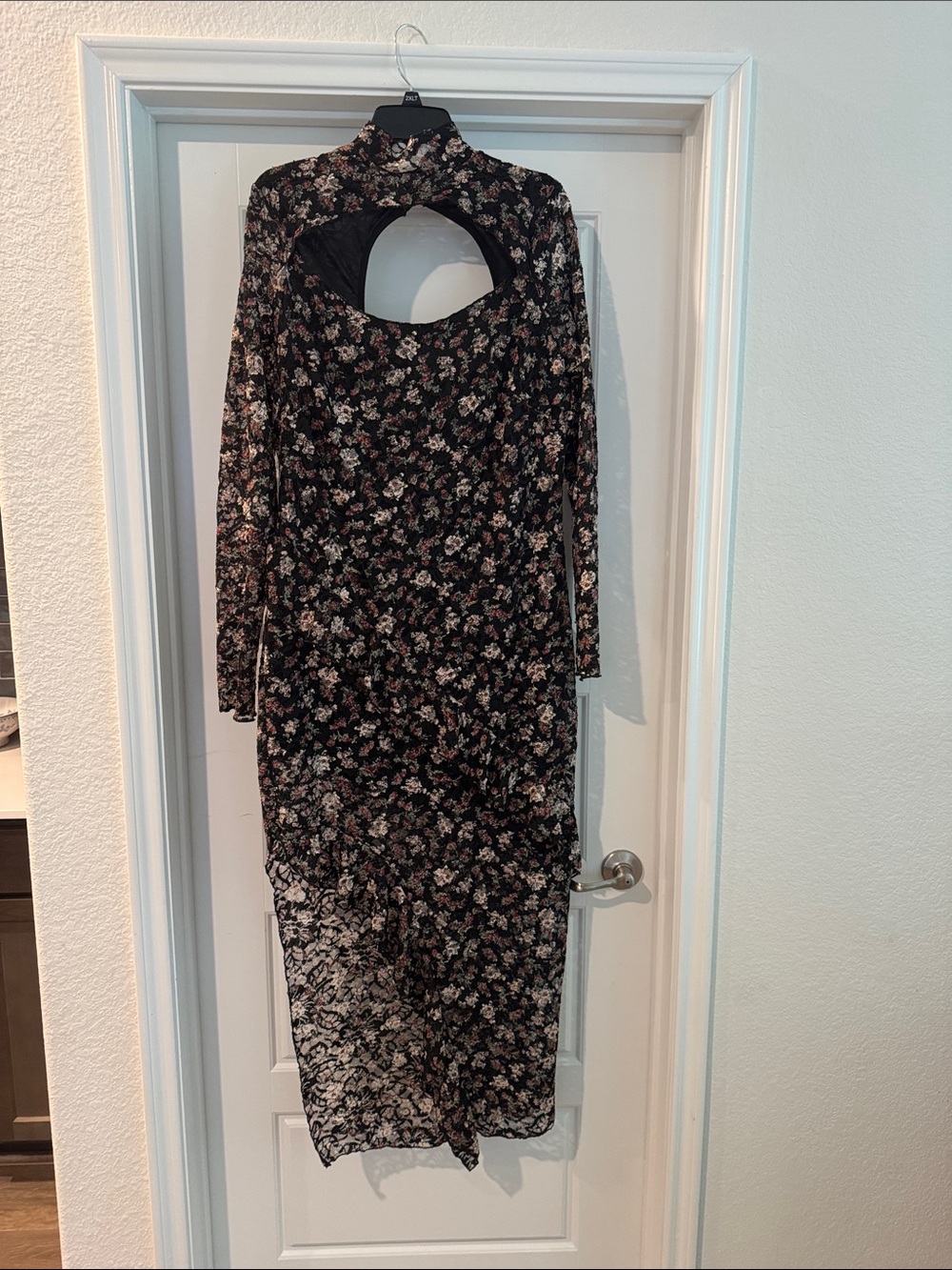 Fashion Nova Black Floral Long Sleeve Maxi Dress with Cutout